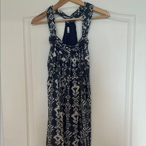Blue and White Ikat print halter Dress Large
